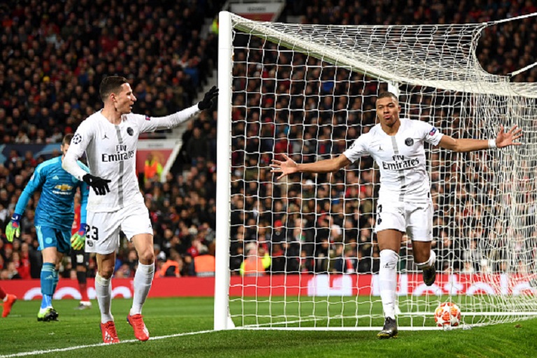Kylian Mbappe of PSG celebrates after scoring his sides second goal during the UEFA Champions League Round of 16 First Leg match between Manchester United and Paris Saint-Germain at Old Trafford on February 12, 2019 in Manchester, England. PHOTO/GettyImages