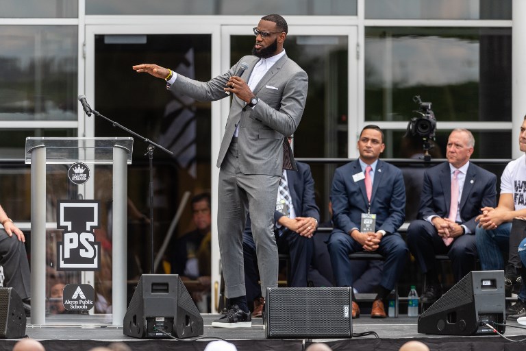 LeBron James addresses the crowd during the opening ceremonies of the I Promise School on July 30, 2018 in Akron, Ohio. The School is a partnership between the LeBron James Family foundation and the Akron Public School and is designed to serve Akron's most challenged students. PHOTO/AFP