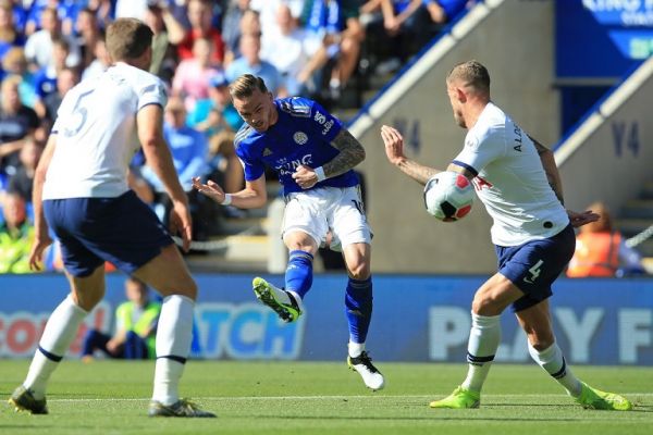 Leicester City's English midfielder James Maddison (C) shoots past Tottenham Hotspur's Belgian defender Toby Alderweireld (R) but fails to score during the English Premier League football match between Leicester City and Tottenham Hotspur at King Power Stadium in Leicester, central England on September 21, 2019. PHOTO | AFP