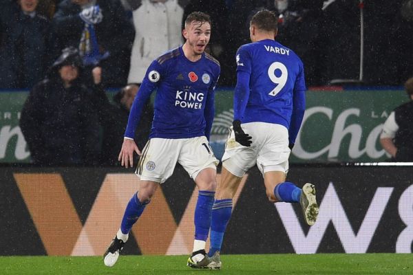 Leicester City's English midfielder James Maddison (L) scoring their second goal with Leicester City's English striker Jamie Vardy (R) during the English Premier League football match between Leicester City and Arsenal at King Power Stadium in Leicester, central England on November 9, 2019. PHOTO | AFP