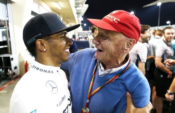 Lewis Hamilton (GBR, Mercedes AMG Petronas F1 Team), Niki Lauda (AUT, Mercedes AMG Petronas F1 Team) portrait and celebrating during the 2014 Formula One World Championship, Grand Prix of Bahrain on April 6, 2014 in Sakhir, Bahrain. PHOTO/AFP
