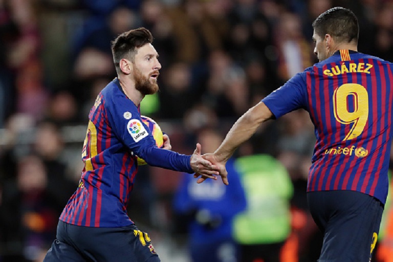 Lionel Messi of FC Barcelona Celebrates 1-2 with Luis Suarez of FC Barcelona during the La Liga Santander match between FC Barcelona v Valencia at the Camp Nou on February 2, 2019 in Barcelona Spain. PHOTO/GettyImages