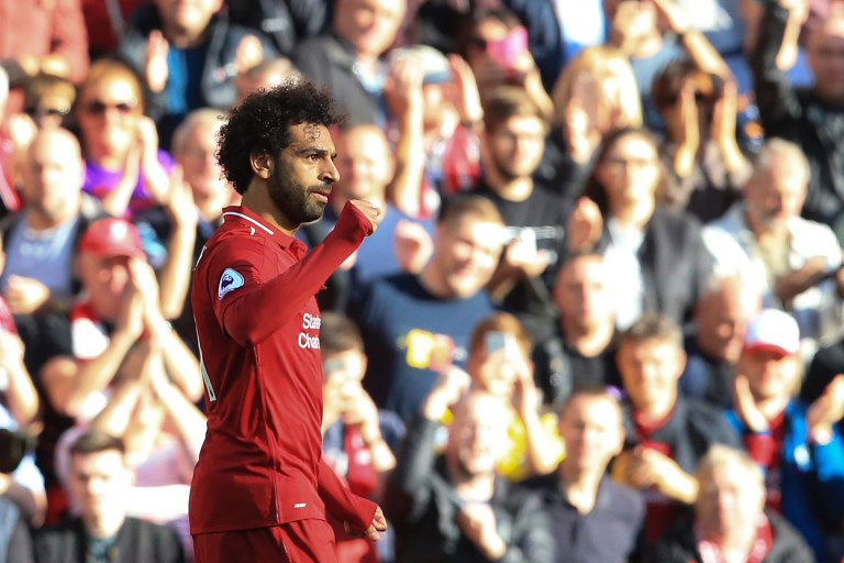 Liverpool FC striker Mo Salah celebrates scoring against Brighton and Hove Albion in the English Premier League. PHOTO/File