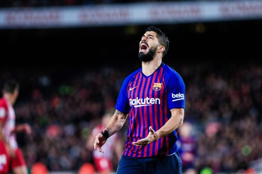 Luis Suarez of FC Barcelona reacts during the Spanish championship La Liga football match between FC Barcelona and Atletico de Madrid on April 6, 2019 at Camp Nou Stadium in Barcelona, Spain. PHOTO/AFP