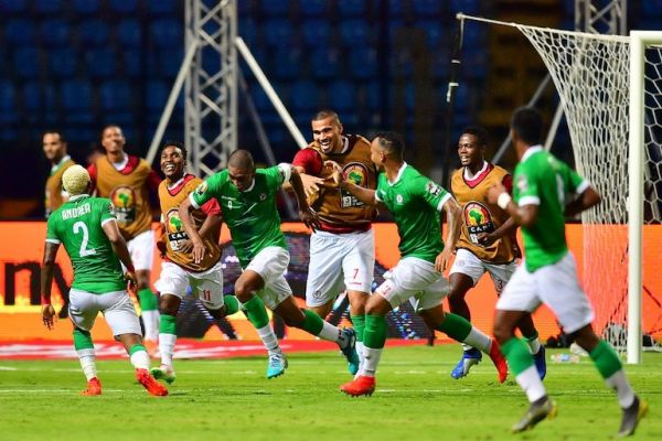 Madagascar's forward Faneva Andriatsima (4th-L) celebrates his goal during the 2019 Africa Cup of Nations (CAN) Round of 16 football match between Madagascar and DR Congo at the Alexandria Stadium in the Egyptian city on July 7, 2019. PHOTO/AFP