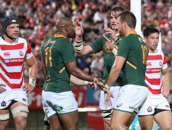 Makazole Mapimpi (11) of South Africa reacts after trying in the second half during a friendly match of Lipovitan D Challenge Cup against Japan at Kumagaya Rugby Stadium in Kumagaya City, Saitama Prefecture on September 6, 2019. PHOTO | AFP