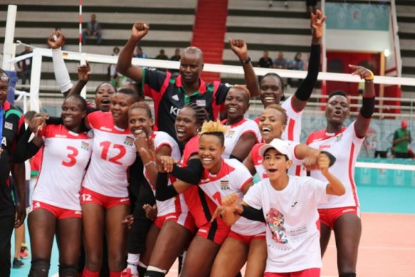 Malkia Strikers celebrate after winning gold at the ongoing Africa Games in Rabat, Morocco on August 30, 2019. PHOTO/ CAVB