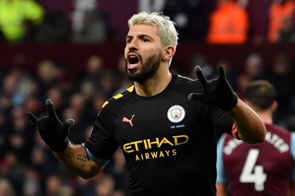 Manchester Cits Argentinian striker Sergio Aguero celebrates scoring the fifth goal during the English Premier League football match between Aston Villa and Manchester City at Villa Park in Birmingham, central England on January 12, 2020. PHOTO | AFP