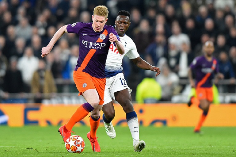Manchester City midfielder Kevin de Bruyne during the UEFA Champions League Quarter Final 1st Leg match between Tottenham Hotspur and Manchester City at the Tottenham Hotspur Stadium, London on Tuesday 9th April 2019.PHOTO/GETTY IMAGES
