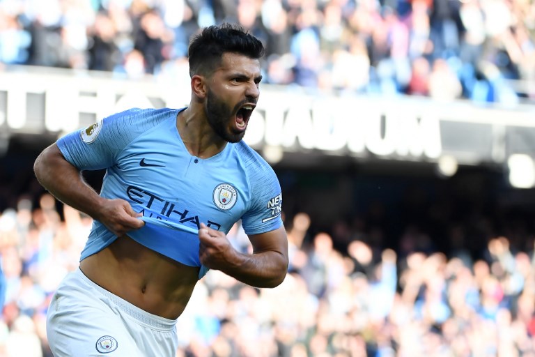 Manchester City's Argentinian striker Sergio Aguero celebrates after scoring the team's second goal during the English Premier League football match between Manchester City and Brighton and Hove Albion at the Etihad Stadium in Manchester, north west England, on September 29, 2018. PHOTO/AFP