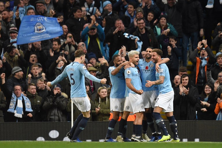 Manchester City's Argentinian striker Sergio Aguero celebrates after scoring their second goal during the English Premier League football match between Manchester City and Manchester United at the Etihad Stadium in Manchester, north west England, on November 11, 2018. PHOTO/AFP