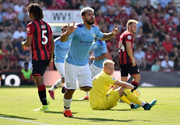 Manchester City's Argentinian striker Sergio Aguero celebrates scoring his team's third goal during the English Premier League football match between Bournemouth and Manchester City at the Vitality Stadium in Bournemouth, southern England on August 25, 2019. PHOTO | AFP