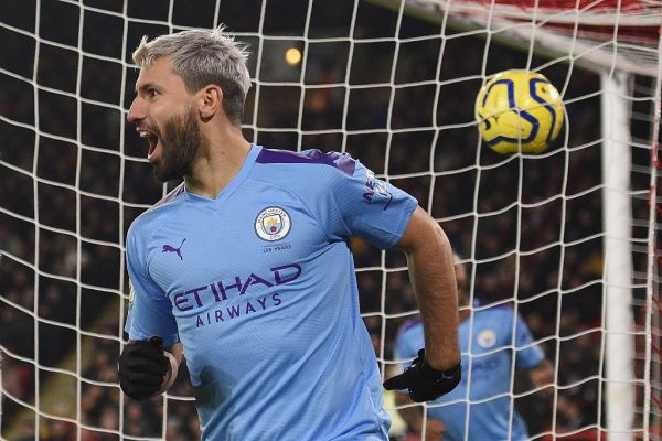 Manchester City's Argentinian striker Sergio Aguero celebrates scoring the opening goal during the English Premier League football match between Sheffield United and Manchester City at Bramall Lane in Sheffield, northern England on January 21, 2020. PHOTO | AFP