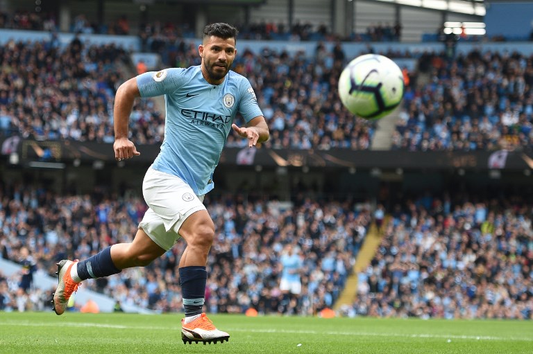 Manchester City's Argentinian striker Sergio Aguero runs for the ball during the English Premier League football match between Manchester City and Fulham at the Etihad Stadium in Manchester, north west England, on September 15, 2018. PHOTO/AFP