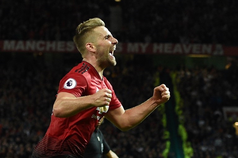 Manchester United FC defender Luke Shaw celebrates scoring the winner in their English Premier League clash against Leicester City FC on Friday, August 10, 2018. PHOTO/AFP
