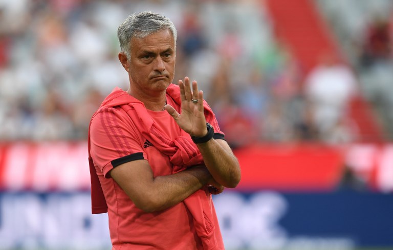 Manchester United's Portuguese manager Jose Mourinho gestures prior to the pre-season friendly football match between FC Bayern Munich and Manchester United at the Allianz Arena in Munich, southern Germany on August 5, 2018. PHOTO/AFP
