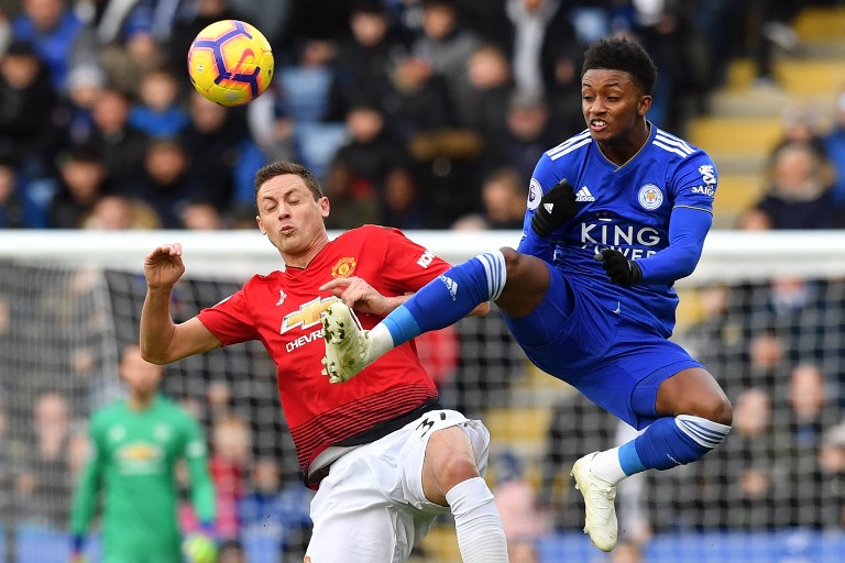 Manchester United's Serbian midfielder Nemanja Matic (L) vies with Leicester City's English midfielder Demarai Gray (R) during the English Premier League football match between Leicester City and Manchester United at King Power Stadium in Leicester, central England on February 3, 2019. PHOTO/AFP