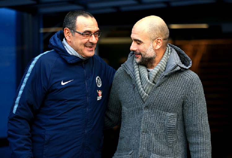 Maurizio Sarri, Manager of Chelsea speaks with Josep Guardiola, Manager of Manchester City prior to the Premier League match between Manchester City and Chelsea FC at Etihad Stadium on February 10, 2019 in Manchester, United Kingdom. PHOTO/GettyImages