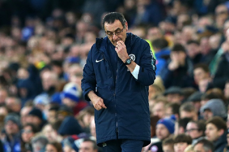 Maurizio Sarri manager of Chelsea reacts during the Premier League match between Everton FC and Chelsea FC at Goodison Park on March 17, 2019 in Liverpool, United Kingdom. PHOTO/GettyImages