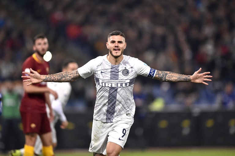 Mauro Icardi of Inter Milan celebrates scoring second goal during the Italian championship Serie A football match between AS Roma and FC Internazionale on December 2, 2018 at Stadio Olimpico in Rome, Italy. PHOTO/AFP