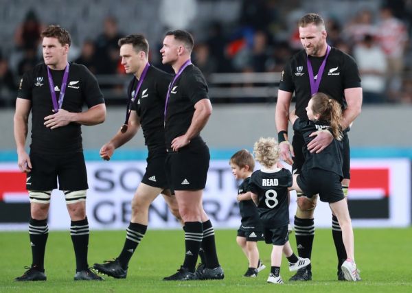 Members of New Zealand celebrate after winning the 2019 Rugby World Cup Japan bronze final match against Wales at Tokyo Stadium in Chofu City, Tokyo on November 1, 2019. New Zealand won the match by 40-17 to claim bronze medal. PHOTO | AFP