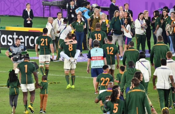 Members of South Africa celebrate after winning the Rugby World Cup Japan final match “England VS South Africa” at International Stadium Yokohama in Yokohama City, Kanagawa prefecture on Nov. 2, 2019. South Africa won the match by 32-12 to claim championship. PHOTO | AFP