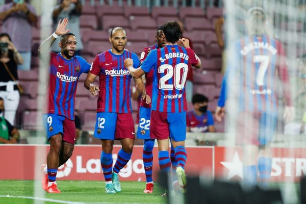 Memphis Depay, Martin Braithwaite (Barcelona) Football/Soccer : Spanish "La Liga Santander" match between FC Barcelona 4-2 Real Sociedad at the Camp Nou stadium in Barcelona, Spain.