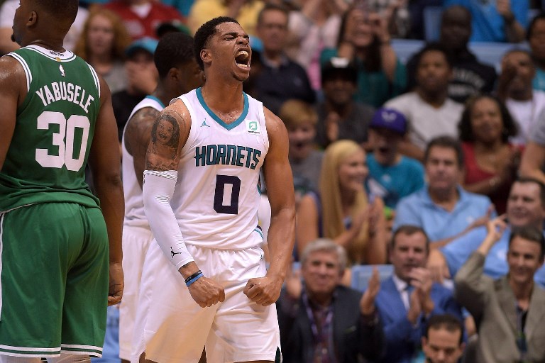 Miles Bridges of the Charlotte Hornets reacts following a play against the Boston Celtics in the fourth quarter during a preseason game at Dean Smith Center on September 28, 2018 in Chapel Hill, North Carolina. PHOTO/AFP