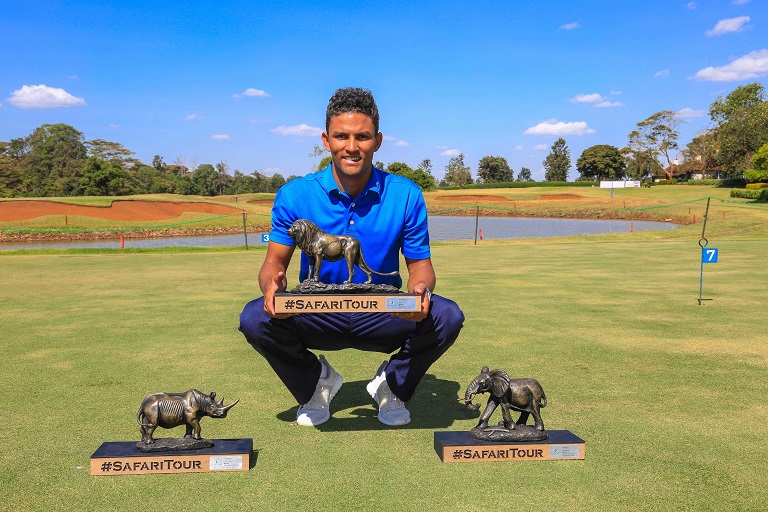 Muthaiga Golf Club’s Greg Snow with the three trophies he won in the Safari Golf Tour Series to top the circuit.PHOTO/SPN