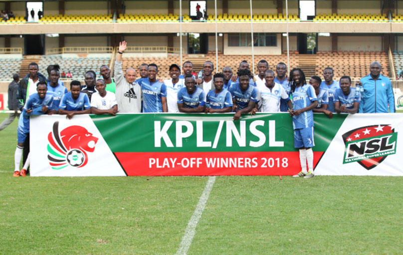 Nakumatt FC players and staff celebrate winning the 2018 SPL/NSL play-off at MISC, Kasarani on Sunday, October 28, 2018. PHOTO/FKF