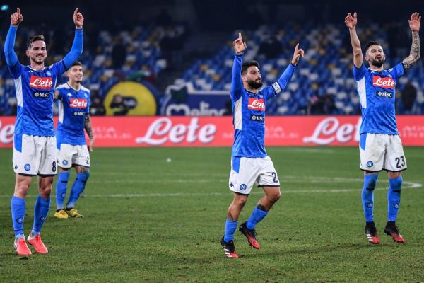 Napoli's Spanish defender Fabian Ruiz, Napoli's Italian defender Giovanni Di Lorenzo, Napoli's Italian forward Lorenzo Insigne and Napoli's Albanian defender Elseid Hysaj acknowledge the public at the end of the Italian Serie A football match Napoli vs Juventus on January 26, 2020 at the San Paolo stadium in Naples. PHOTO | AFP