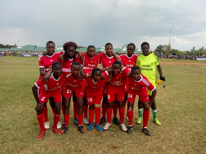 National schools champions, Arch Bishop Njenga, pose before they tackled Women Premier League side, Wadadia FC, at the launch of Senator Cleophas Malala Super Cup football tournament at Bomani Grounds in Mumias on Saturday October 6, 2018.PHOTO/SPN