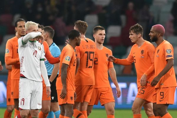 Netherlands' players celebrate after the Euro 2020 football qualification match between Belarus and the Netherlands in Minsk on October 13, 2019. PHOTO | AFP