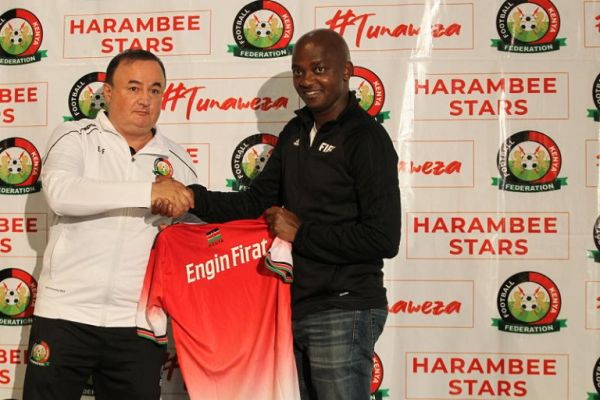 New Harambee Stars coach Engin Firat (left) with Football Kenya Federation President Nick Mwendwa. PHOTO | Courtesy