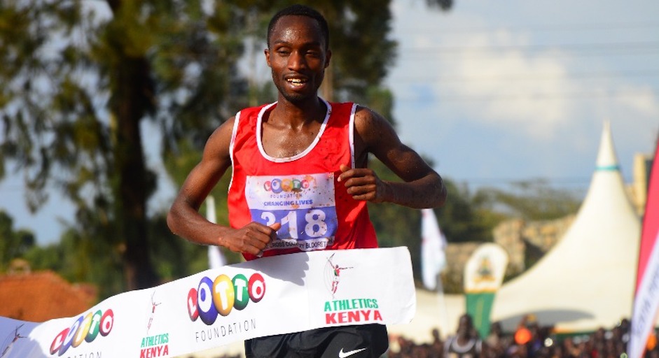 New national cross country champion, Amos Kirui, winning the senior men 10km race at the Eldoret Sports Club on Saturday, February 23, 2018. PHOTO/Courtesy