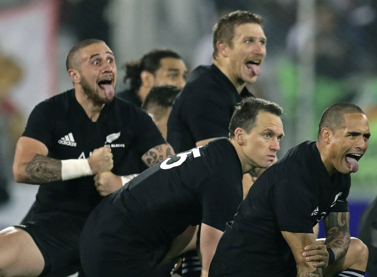 New Zealand's All Blacks rugby players perform the haka before the start of their Rugby Championship match against Argentina's Los Pumas at Jose Amalfitani stadium in Buenos Aires, Argentina on September 29, 2018. PHOTO/AFP
