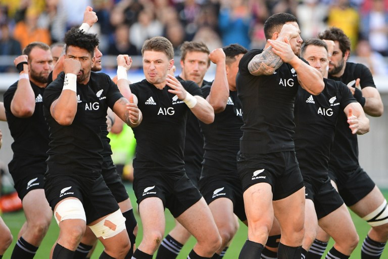 New Zealand's flanker Ardie Savea, New Zealand's flyhalf Beauden Barrett and New Zealand's centre Sonny Bill Williams perform the Haka before the Bledisloe Cup rugby union Test match between the New Zealand All Blacks and Australia at Yokohama International Stadium in Yokohama on October 27, 2018. PHOTO/AFP