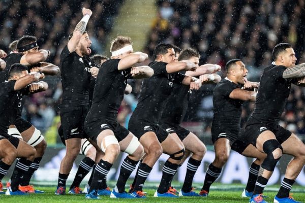 New Zealand's TJ Perenara (L) leads the Haka ahead of the the Rugby Championship Bledisloe Cup Test match between the New Zealand All Blacks and Australia in Auckland on August 17, 2019. PHOTO | AFP