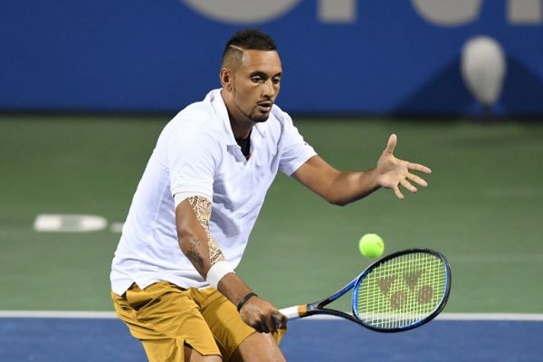 Nick Kyrgios of Australia returns a shot from Yoshihito Nishioka of Japan during Day 4 of the Citi Open at Rock Creek Tennis Center on August 1, 2019 in Washington, DC. PHOTO | AFP