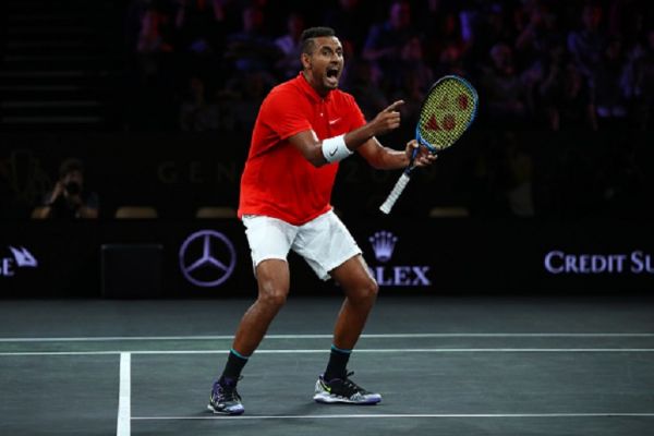 Nick Kyrgios of Team World, playing partner of Jack Sock celebrates in their doubles match against Rafael Nadal and Stefanos Tsitsipas of Team Europe during Day Two of the Laver Cup 2019 at Palexpo on September 21, 2019 in Geneva, Switzerland. PHOTO/ GETTY IMAGES