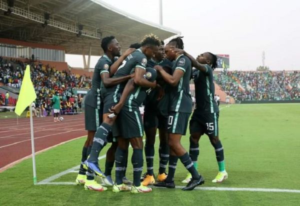 Nigeria players celebrate after Kelechi Iheanacho scored against Egypt in their Africa Cup of Nations Group D opener on Tuesday, January 11, 2022. PHOTO | Goal