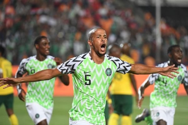 Nigeria's defender William Ekong celebrates his goal during the 2019 Africa Cup of Nations (CAN) quarter final football match between Nigeria and South Africa at Cairo international stadium on July 9, 2019. PHOTO/AFP