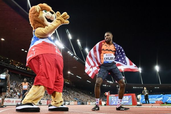 Noah Lyles (R) of the US dances as he celebrates winning in the men's 200 metres race during the IAAF Diamond League "Weltklasse" athletics meeting at the Letzigrund stadium in Zurich on August 30, 2018. PHOTO | AFP