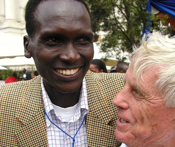 NOCK President, Paul Tergat (left) and IAAF Regional Development Centre official, John Velzian at a previous Stanchart International Marathon in Nairobi. Tergat was appointed by the International Olympics Committee to be part of the six-member Coordinating Commission for the Dakar 2022 Youth Olympic Games on Wednesday, October 10, 2018. PHOTO/File