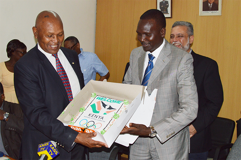 NOCK President, Paul Tergat (right) during the handover of power from his predecessor, Dr. Kipchoge Keino in September, 2017. PHOTO/File