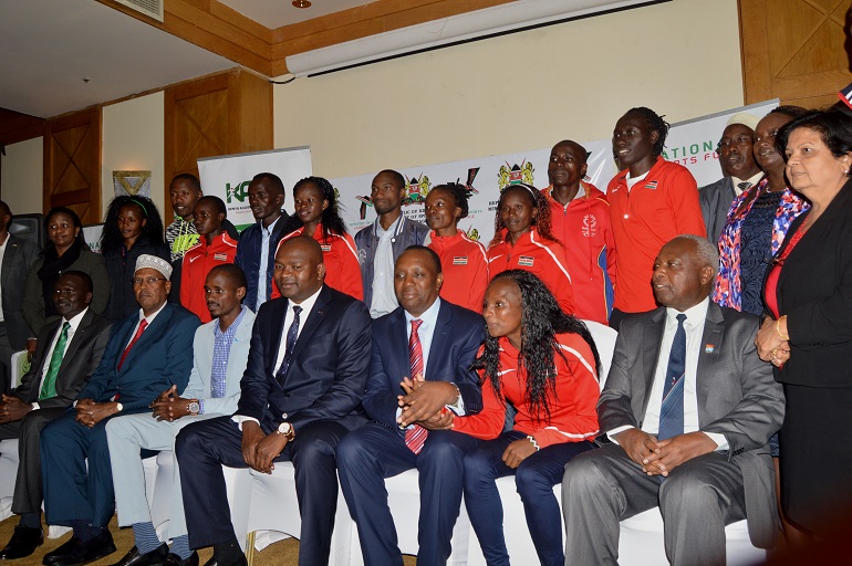 NOCK president, Paul Tergat (seated left) and other high ranking officials including Sports Cabinet Secretary, Rashid Echessa (seated middle) at a seminar organized for athletes last year. PHOTO/File
