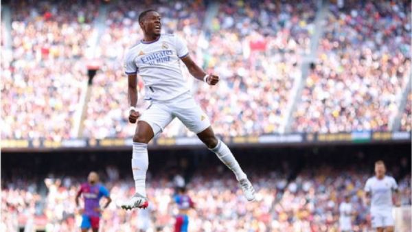 Nou Camp, Barcelona, Spain. 24th Oct, 2021. La Liga football league, FC Barcelona versus Real Madrid; David Alaba of Real Madrid celebrates his goal during the Liga match. PHOTO | BBC