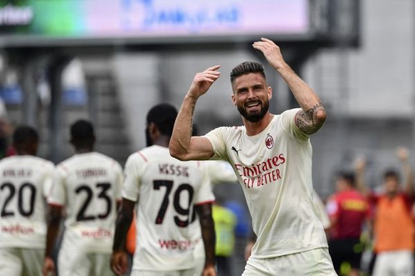 Olivier Giroud, of AC Milan, celebrates after scoring during the Italian Serie A football match between US Sassuolo and AC Milan at the Mapei Stadium in Reggio Emilia, Italy, on May 22, 2022. PHOTO | AFP