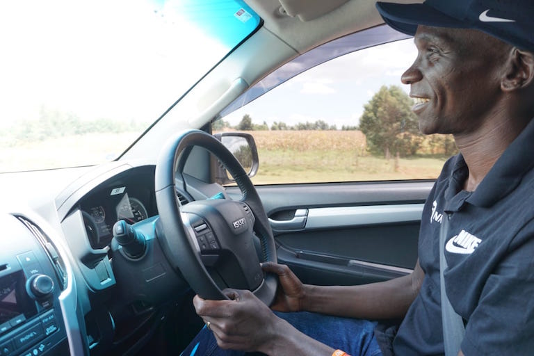 Olympic champion and world marathon record holder, Eliud Kipchoge, drives the SportPesa News team that came to spend a day in his life with him in Eldoret on October 9, 2018. PHOTO/SPN