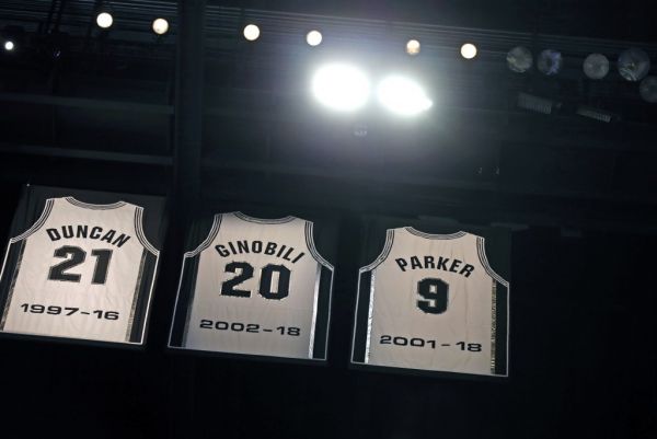 ony Parker jersey joins the Tim Duncan and Manu Ginobili jersey during the Tony Parker jersey retirement ceremony at AT&T Center on November 11, 2019 in San Antonio, Texas. PHOTO | AFP